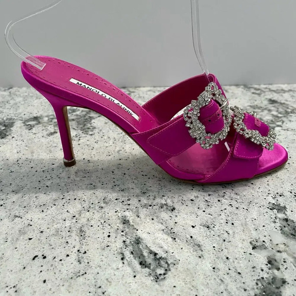 Manolo Blahnik Mulussanhan Mules Sandals Satin Crystal Buckle Pink Size 38.5 - Picture 6 of 16